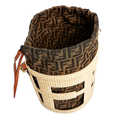 Fendi Step Out Straw and Canvas Medium Bucket Bag FF Monogram