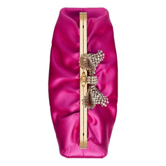 Gucci Broadway Crystal Bow Clutch Chain Shoulder Bag Fuchsia Satin