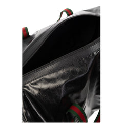 Gucci Duffle Maxi GG Black Glossy Fabric Duffel Bag Leather Trim