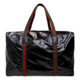 Gucci Duffle Maxi GG Black Glossy Fabric Duffel Bag Leather Trim