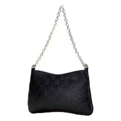 Gucci GG Emblem Black Leather Shoulder Bag Chain Strap