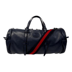 Gucci GG Logo Deep Blue Buffalo Leather Duffle Tote with Strap
