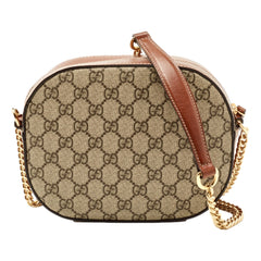 Gucci GG Supreme Canvas Mini Oval Chain Crossbody Bag Brown Leather Trim