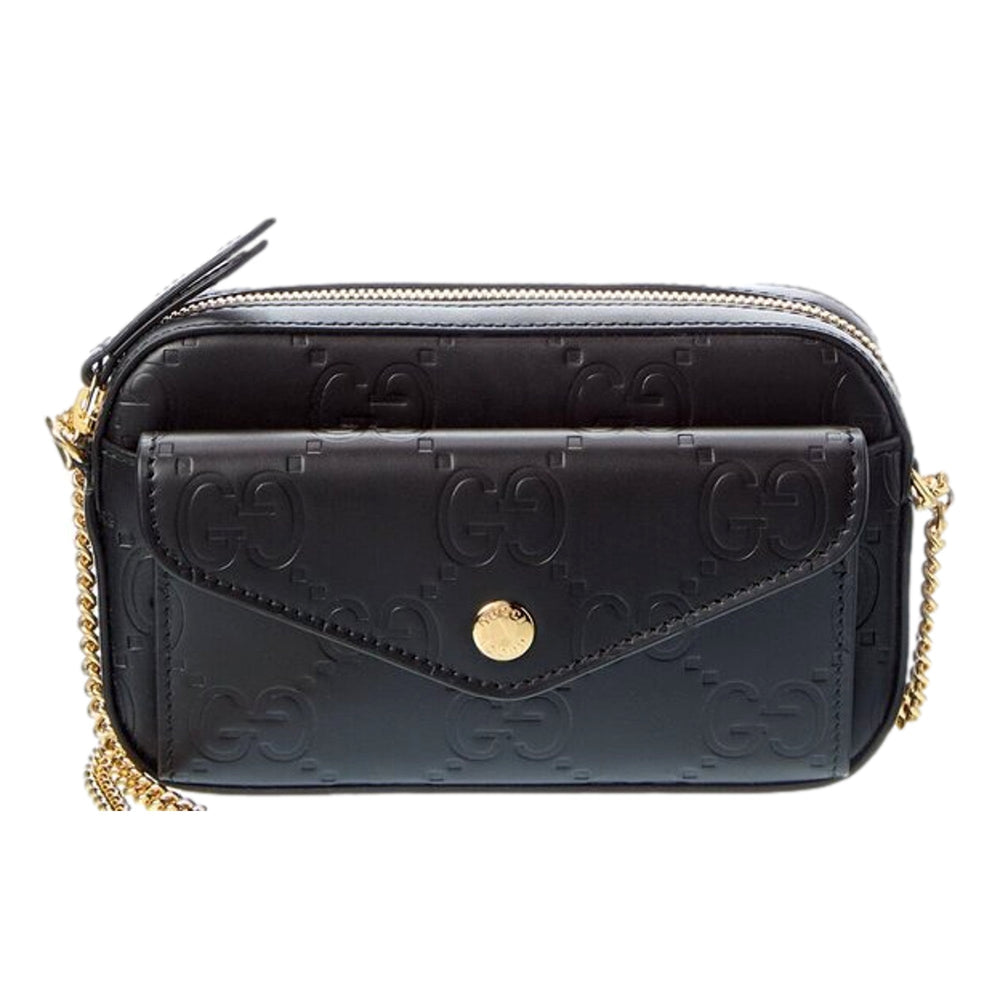 Gucci Gilbert Black Guccissima Leather Double Zip Camera Crossbody Bag Gold Chain