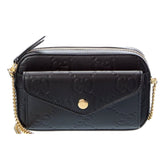Gucci Gilbert Black Guccissima Leather Double Zip Camera Crossbody Bag Gold Chain