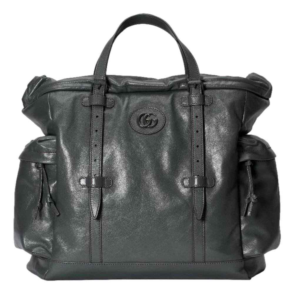 Gucci Drawstring Tote Bag Grey Leather Tonal Double G Logo