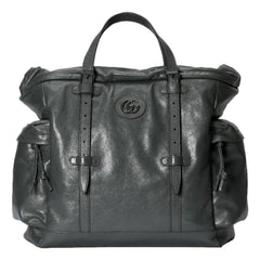 Gucci Drawstring Tote Bag Grey Leather Tonal Double G Logo