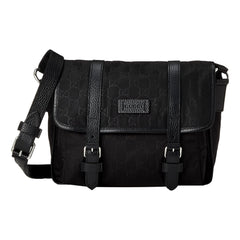 Gucci GG Monogram Nylon Leather Messenger Bag Black Double Buckle Flap