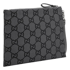 Gucci Ripstop Canvas Jumbo GG Large Clutch Wristlet Gray Black