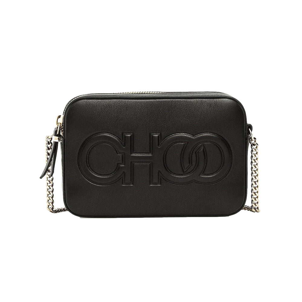 Jimmy Choo Balti Camera Crossbody Bag Black Embossed Leather Chain Strap