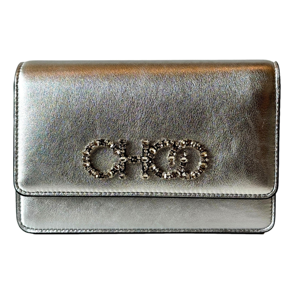 Jimmy Choo Kalina Metallic Silver Leather Crystal Logo Crossbody Clutch Bag