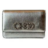 Jimmy Choo Kalina Metallic Silver Leather Crystal Logo Crossbody Clutch Bag