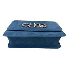 Jimmy Choo Kalina Parrot Blue Suede Crystal CHOO Chain Wallet