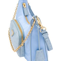 Prada 2Way Tessuto Nylon and Ostrich Leather Shoulder Handbag in Cielo Blue