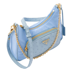 Prada 2Way Tessuto Nylon and Ostrich Leather Shoulder Handbag in Cielo Blue