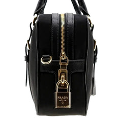 Prada Bauletto Tessuto Nylon Saffiano Black Satchel Bag Gold Lock