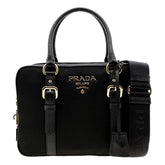 Prada Bauletto Tessuto Nylon Saffiano Black Satchel Bag Gold Lock