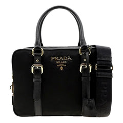 Prada Bauletto Tessuto Nylon Saffiano Black Satchel Bag Gold Lock