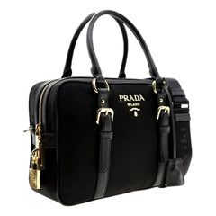Prada Bauletto Tessuto Nylon Saffiano Black Satchel Bag Gold Lock