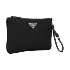 Prada Tessuto Nylon Black Triangle Logo Wristlet Clutch Pouch Bag