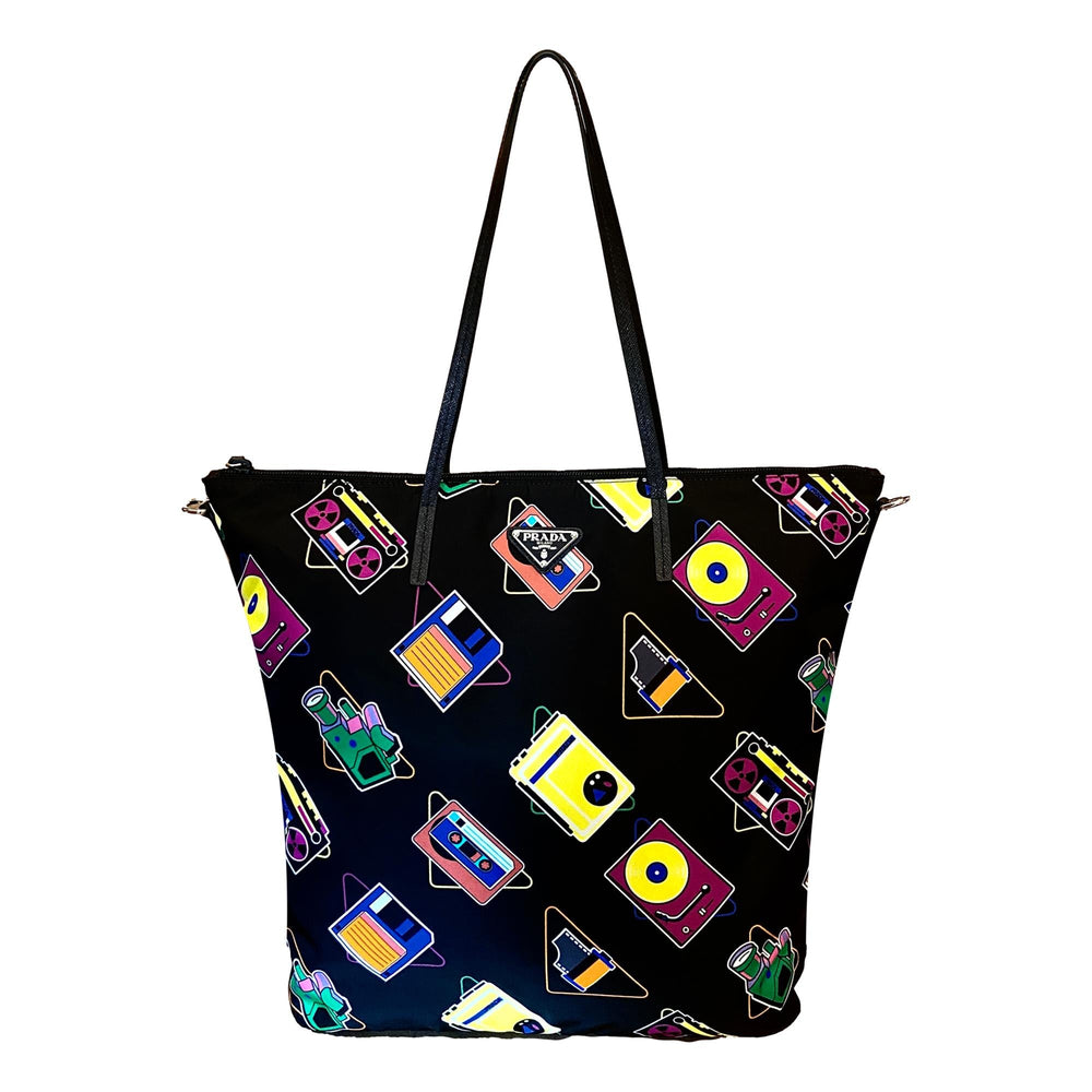 Prada Cassette Print Black Nylon Convertible Tote Shoulder Bag