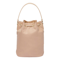 Prada Duet Tessuto Nylon and Ostrich Leather Bucket Bag in Cammeo Beige