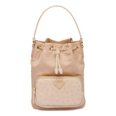 Prada Duet Tessuto Nylon and Ostrich Leather Bucket Bag in Cammeo Beige