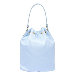 Prada Duet Tessuto Nylon Ostrich Leather Cielo Blue Bucket Bag
