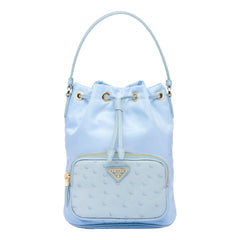 Prada Duet Tessuto Nylon Ostrich Leather Cielo Blue Bucket Bag