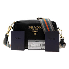 Prada Vitello Phenix Leather Crossbody Bag in Black with Gold Hardware and Web Stripe Strap