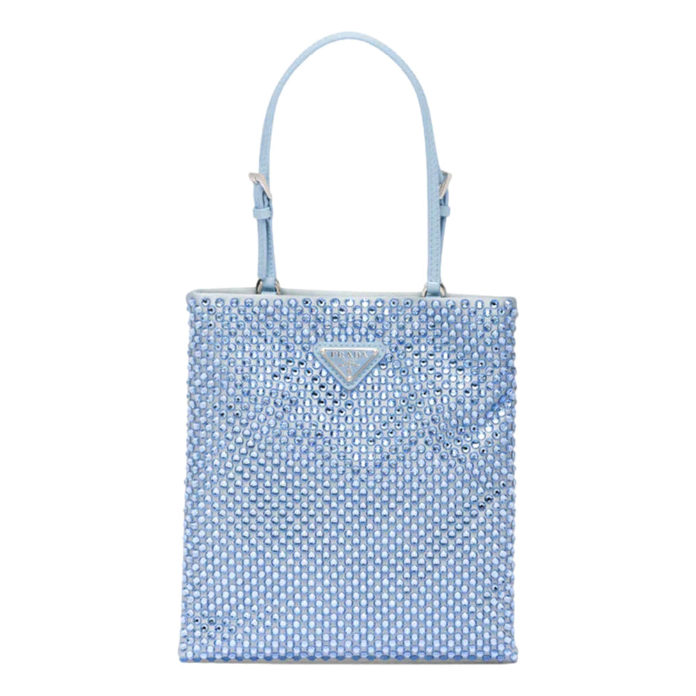 Prada Mini Satin Crystal Embellished Double Handle Crossbody Handbag Light Blue
