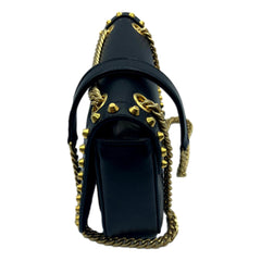 Prada Pattina Black Glace Calf Leather Studded Flap Crossbody Bag Gold Chain
