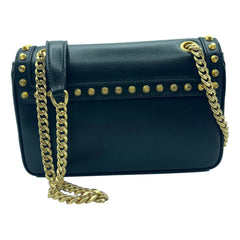 Prada Pattina Black Glace Calf Leather Studded Flap Crossbody Bag Gold Chain