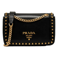 Prada Pattina Black Glace Calf Leather Studded Flap Crossbody Bag Gold Chain