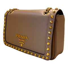 Prada Pattina Glace Calf Leather Cammeo Beige Gold Studded Bag