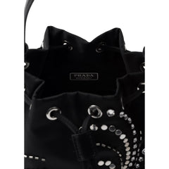 Prada Re-Nylon Mini Drawstring Bucket Bag Black Beaded Embroidered