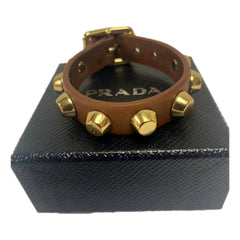 Prada Studded Brown Leather Bracelet Gold Tone Hardware