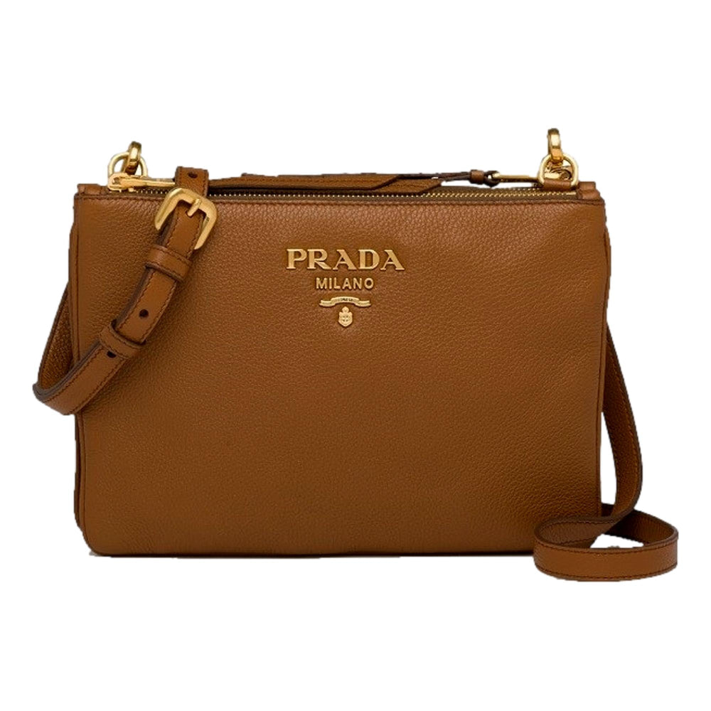 Prada Vitello Phenix Leather Crossbody Bag in Caramel Brown with Gold Hardware