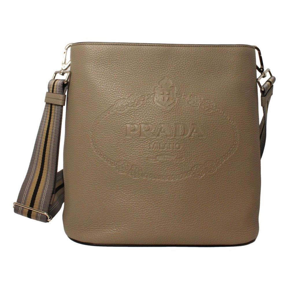 Prada Vitello Phenix Grey Leather Stripe Strap Bucket Bag Crossbody