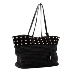Saint Laurent Boucle Studded Raffia & Suede Shopping Tote Black