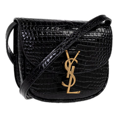 Saint Laurent Small Kaia Croc Embossed Leather Crossbody Bag Black