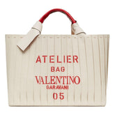 Valentino Garavani 05 Plissé Edition Sac Atelier Large Canvas Tote Bag Beige Red Trim