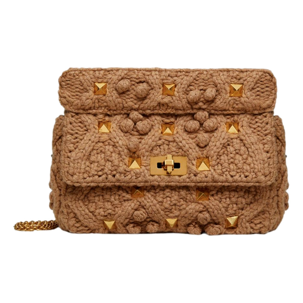 Valentino Garavani Roman Stud Large Shoulder Bag Brown Cashmere Knit Gold Hardware
