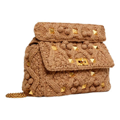 Valentino Garavani Roman Stud Large Shoulder Bag Brown Cashmere Knit Gold Hardware