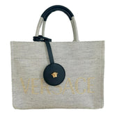 Versace Studded Logo Mini Tote Ecru Canvas Crossbody Bag Gold Hardware