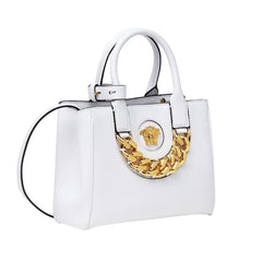 Versace La Medusa White Leather Small Crossbody Tote Bag Gold Plaque Chain
