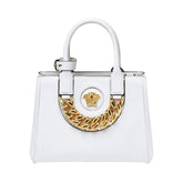 Versace La Medusa White Leather Small Crossbody Tote Bag Gold Plaque Chain
