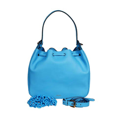 Versace La Medusa Blue Textured Leather Bucket Bag Gold Hardware Chain Strap