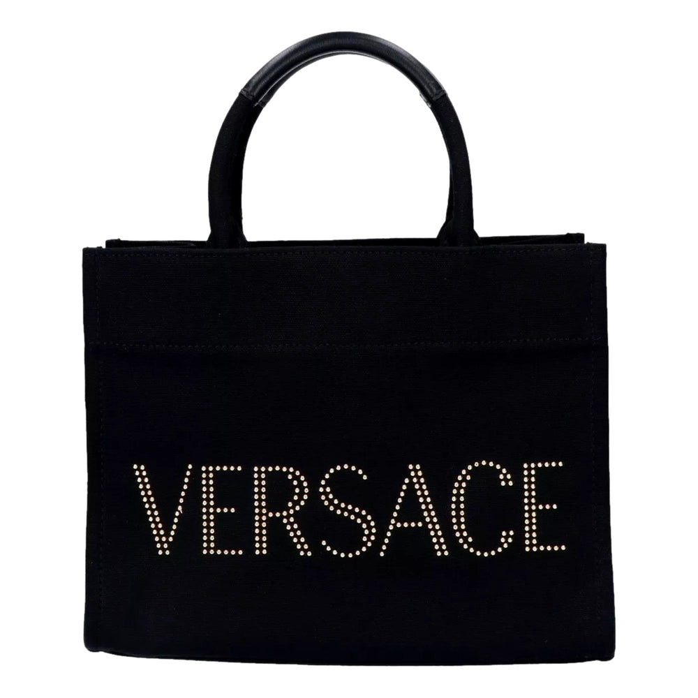 Versace Mini Tote Bag Nero Black Canvas Studded Logo Crossbody