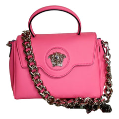 Versace Flamingo Pink Vitello Leather Top Handle Designer Handbag